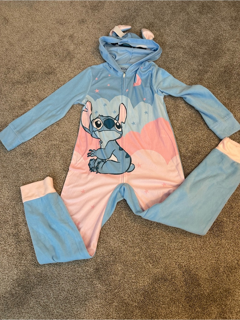 Disney Blue and Pink Stitch Hooded Kids Pajamas Onesie  Size 8 NWT